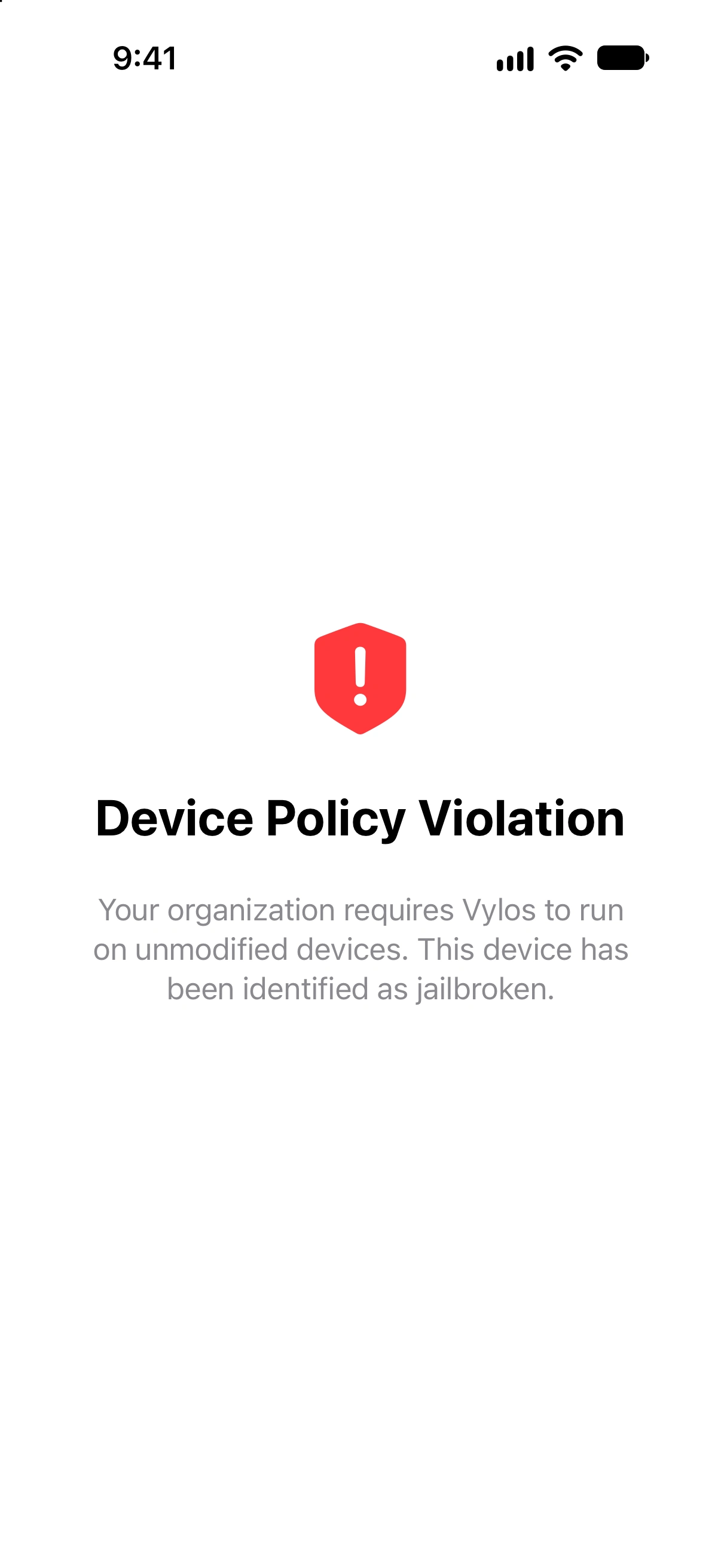Pantalla completa d’infracció de la política del dispositiu després de detectar un dispositiu iOS modificat