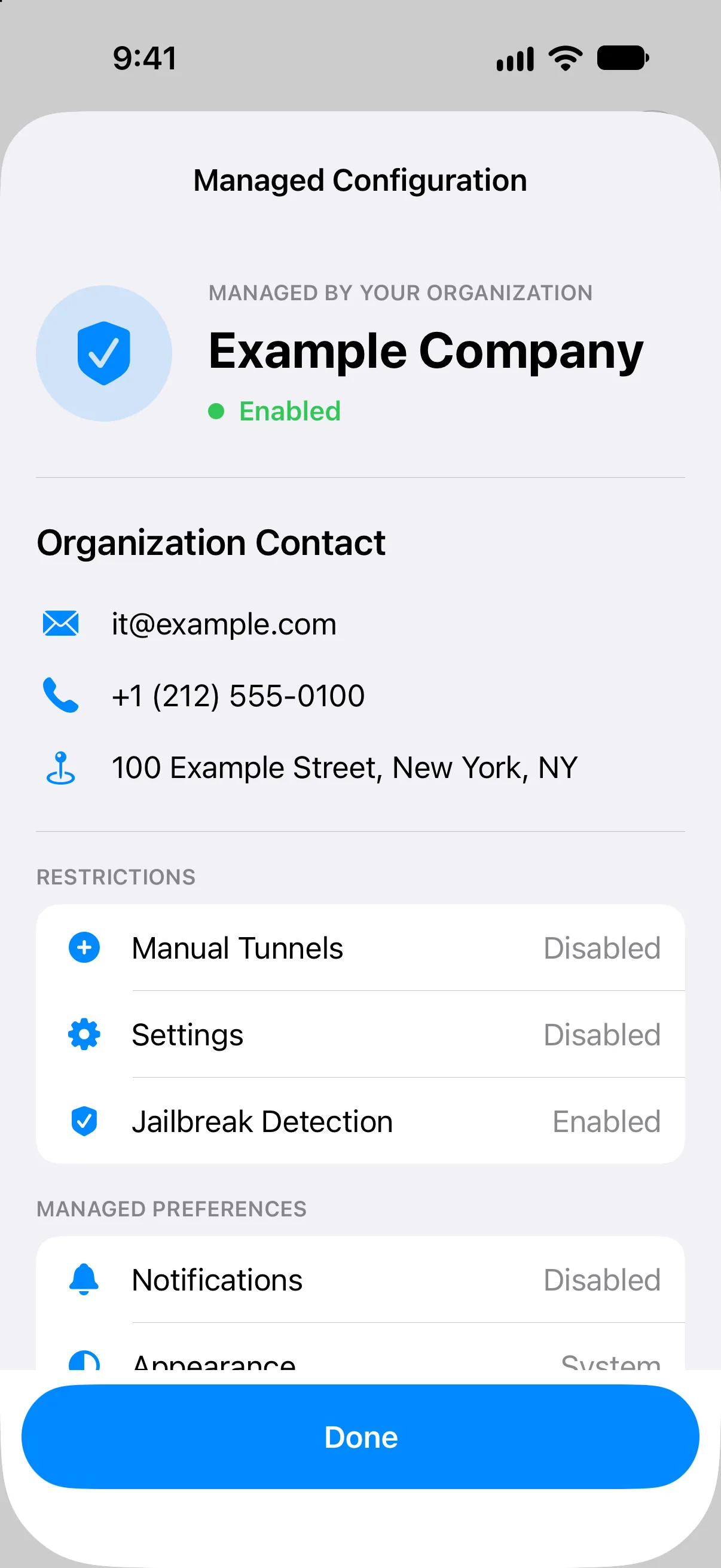 Active Managed Configuration information screen showing organization contact details, restrictions, and managed preferences