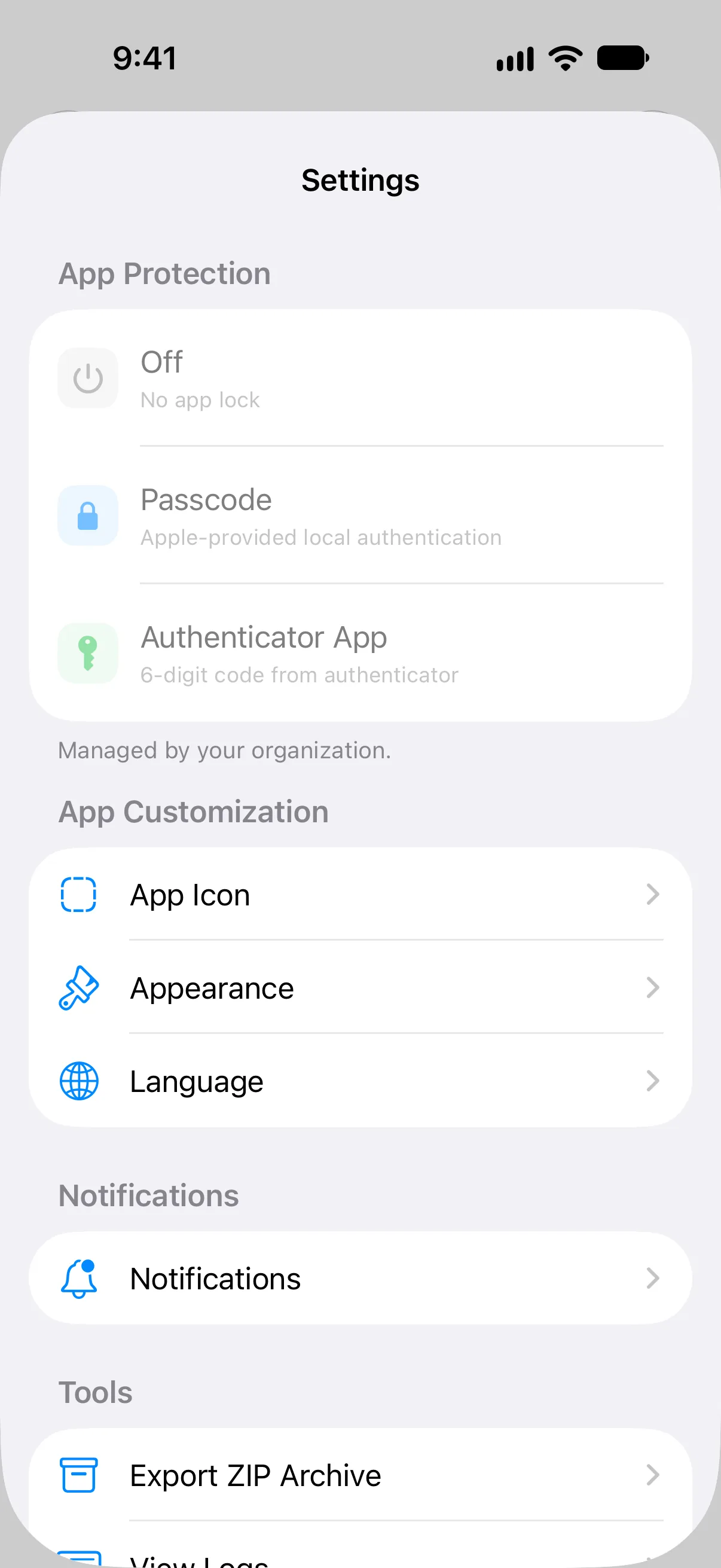 Vylos Settings showing managed App Protection, App Icon, Appearance, and Notifications preferences