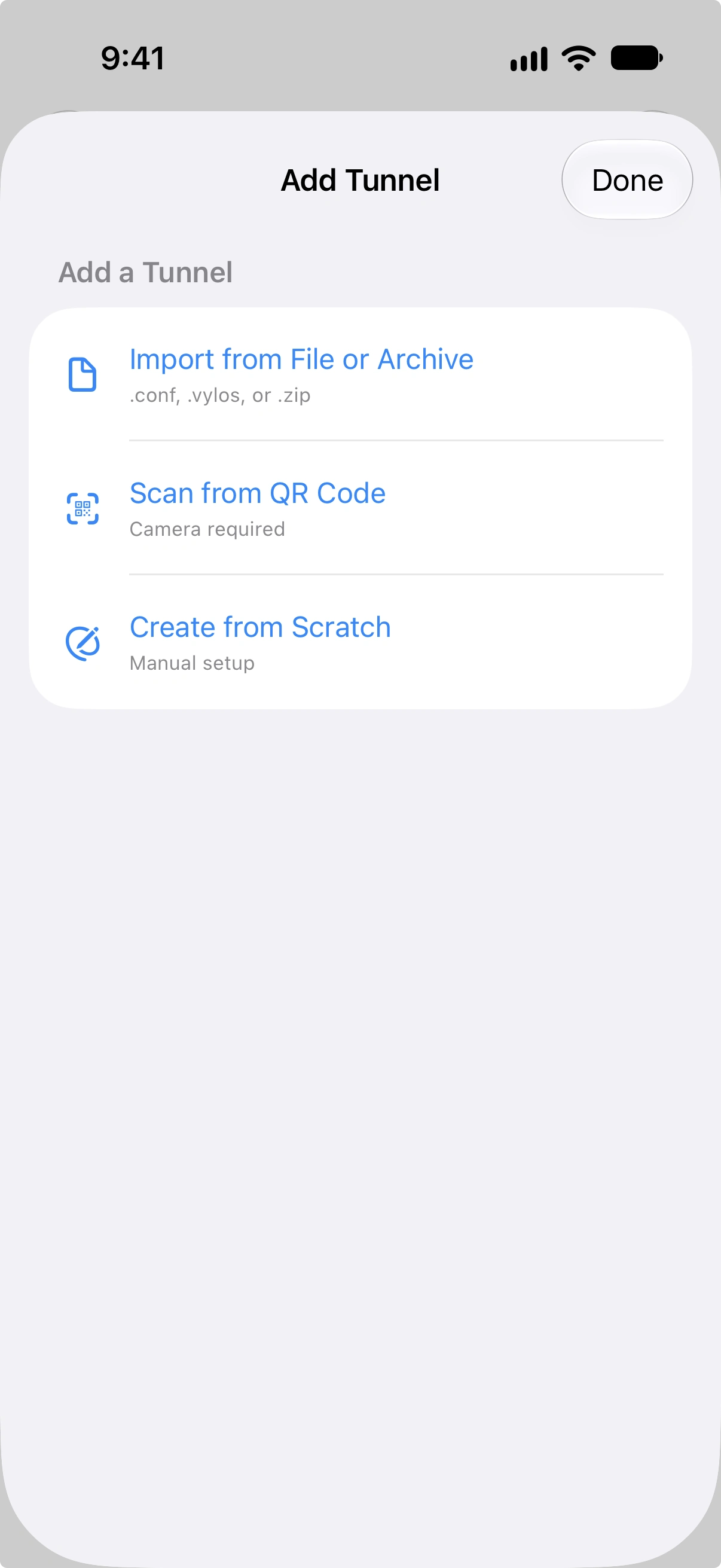 قائمة إضافة نفق تعرض خيارات الاستيراد ومسح QR والإنشاء