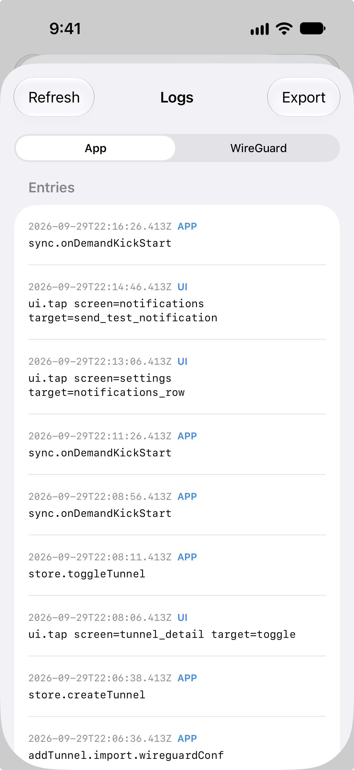 Protokoll-Tab im App-Segment mit aktuellen Aktionseinträgen