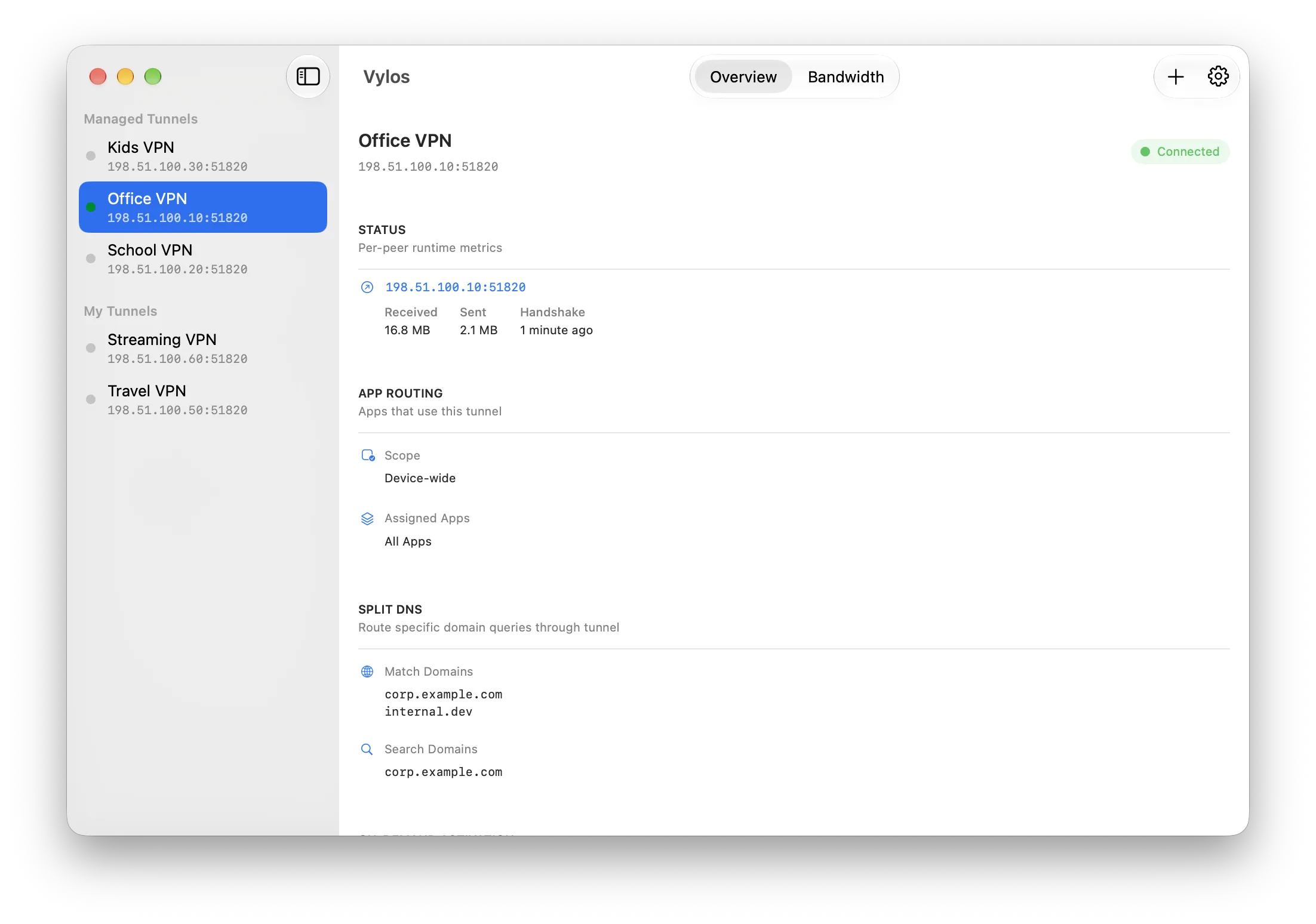 Vylos al macOS amb l'Office VPN sota demanda connectada i seleccionada