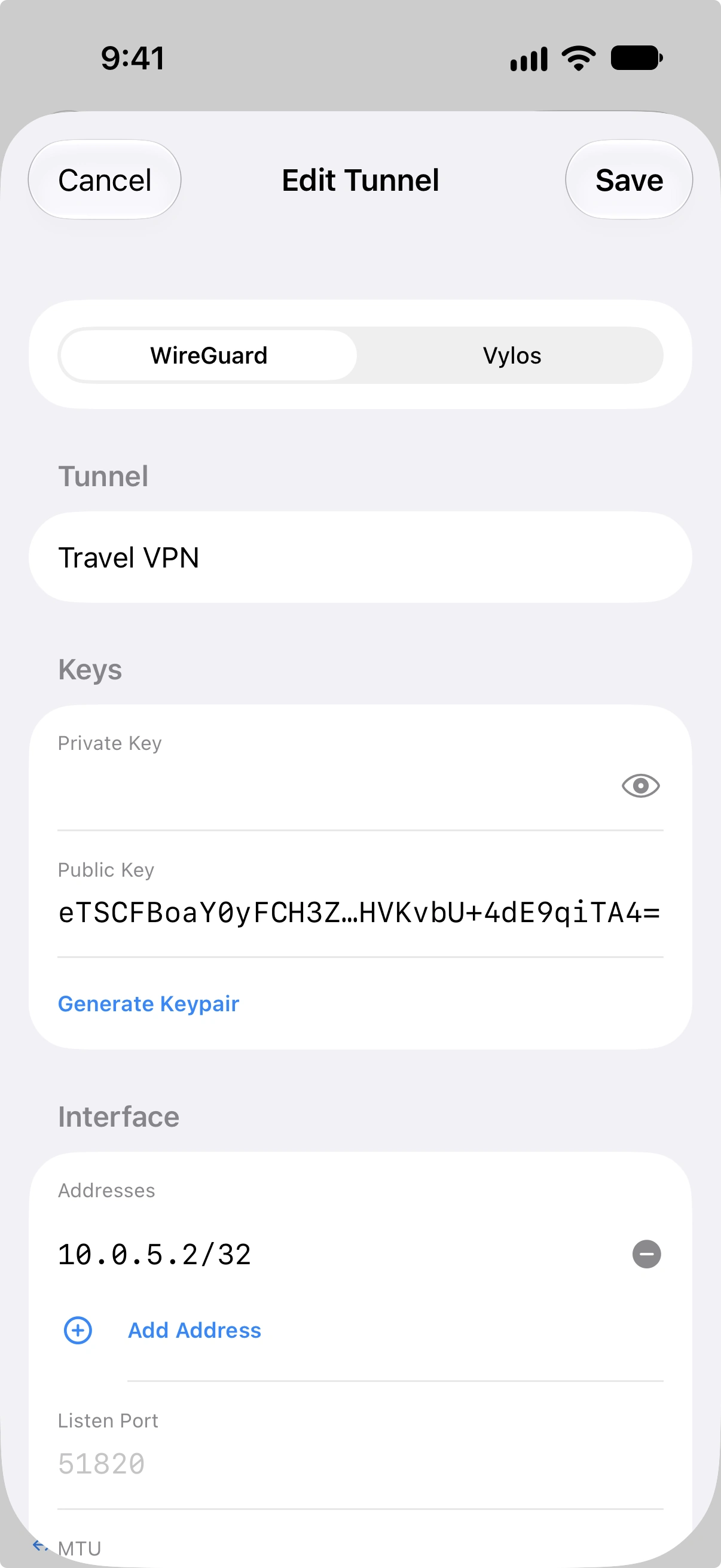 Formulari d'edició de túnel a la pestanya WireGuard
