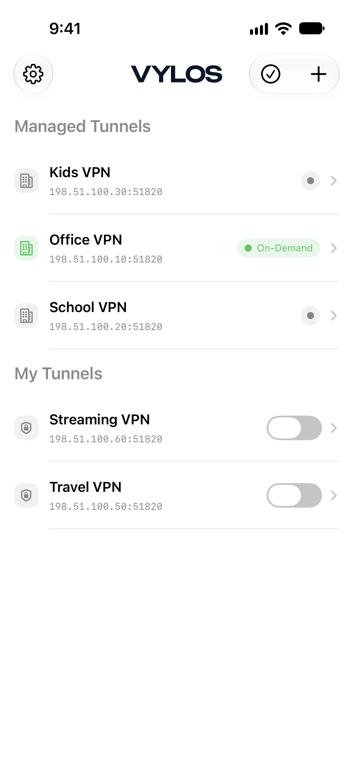 Pantalla principal que mostra les seccions Túnels gestionats i Els meus túnels amb estats mixtos