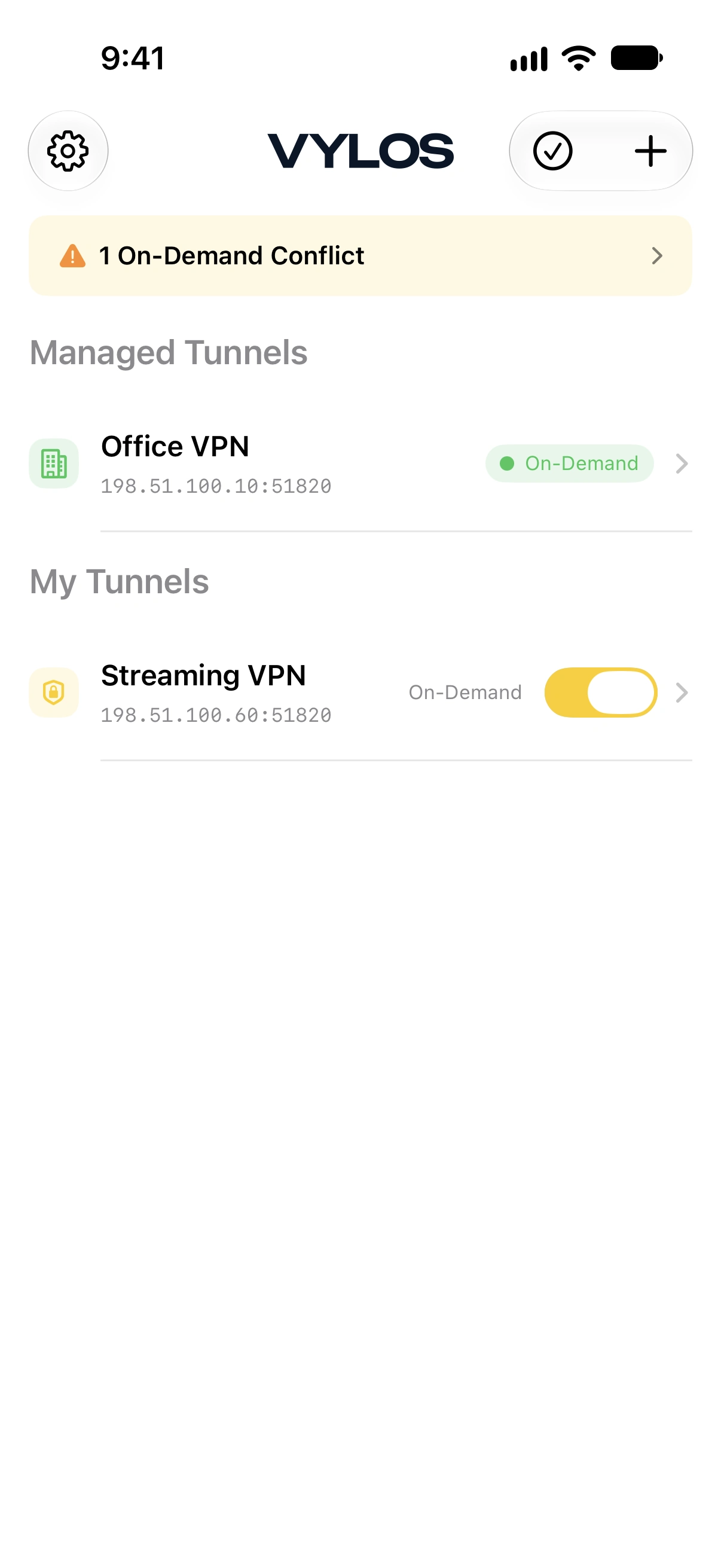 Startseite mit einer Warnung vor einem Konflikt zwischen On-Demand-Regeln