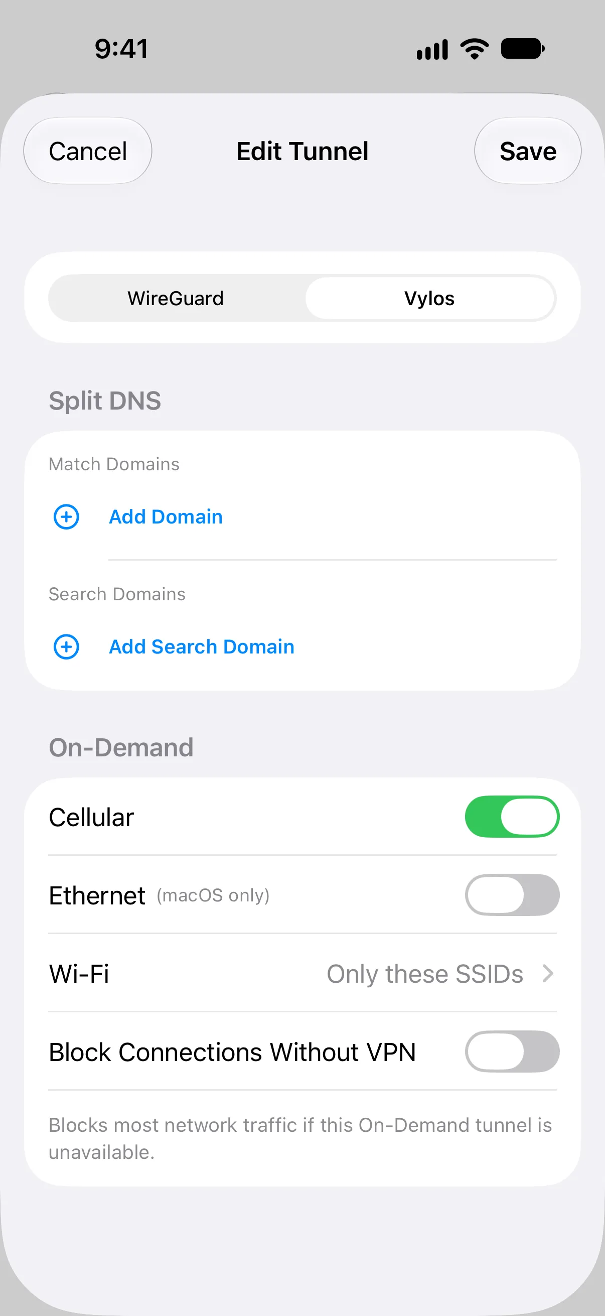 On-Demand-Bereich im Tunnel-Formular mit aktiviertem Mobilfunk und WLAN für bestimmte SSIDs