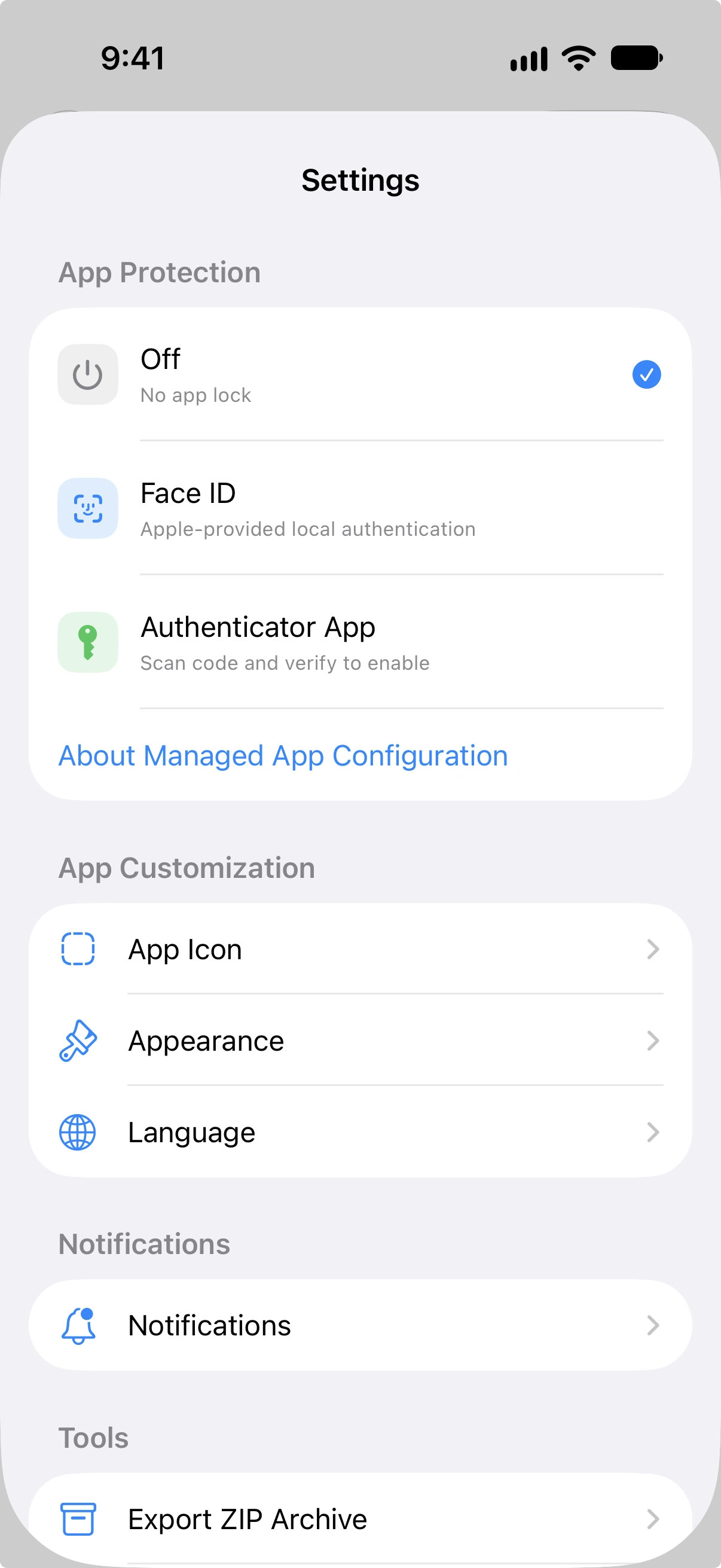 App-Schutz-Einstellungen mit Methodenauswahl (Aus, Lokale Authentifizierung, Authenticator-App)