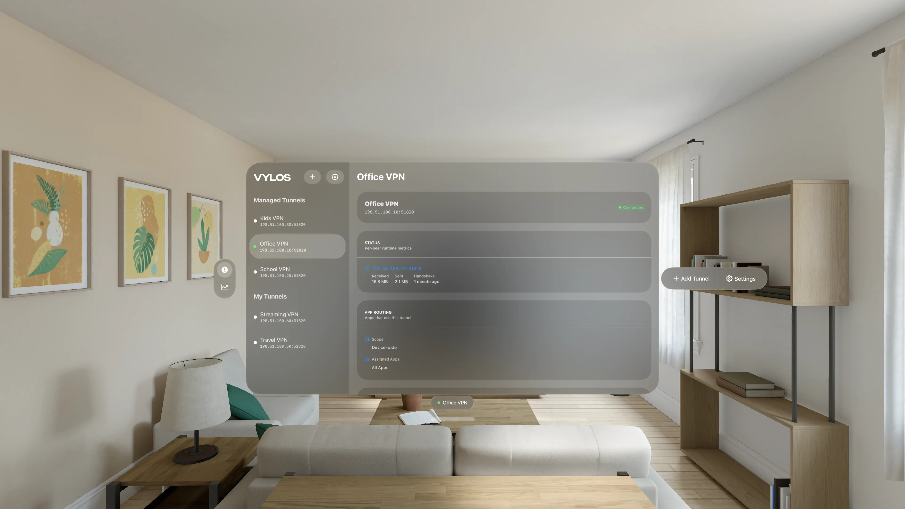 Vylos on Apple Vision Pro with the connected on-demand Office VPN selected