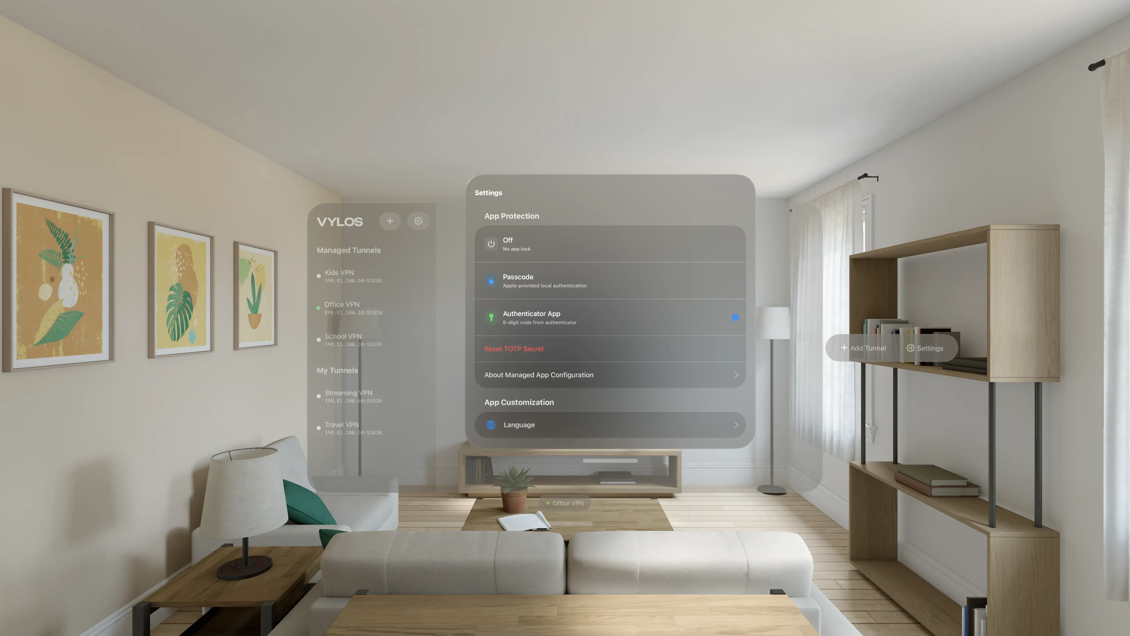 Vylos Settings window on Apple Vision Pro